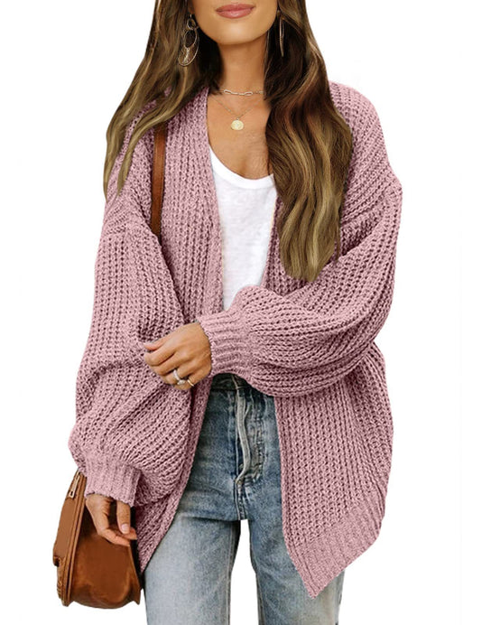 Cardigã de Tricô Solto com Manga Lanterna e Bolsos Casual Feminino - Outono
