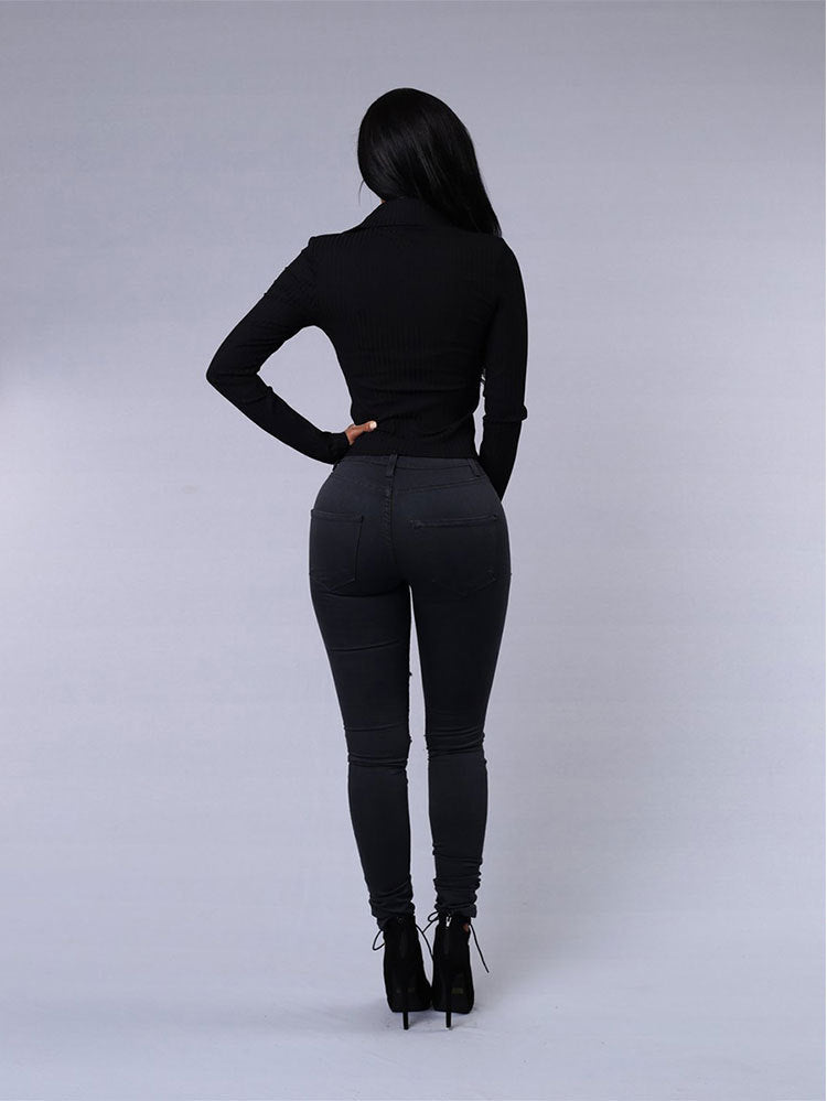 Calça Jeans Skinny Lápis Rasgada de Cintura Alta Casual Feminina de Alta Qualidade