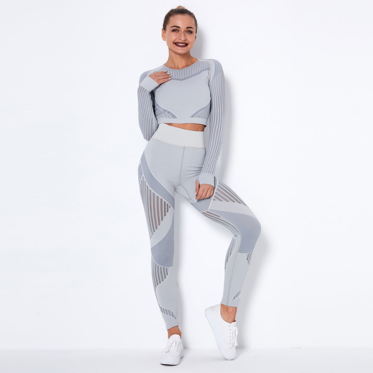 Conjunto de Yoga Sem Costura de Tricô Absorvente de Manga Longa