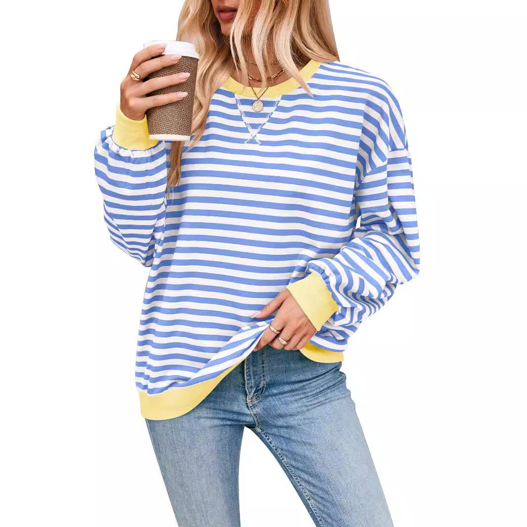 Suéter Solto Casual Listrado de Manga Longa Feminino