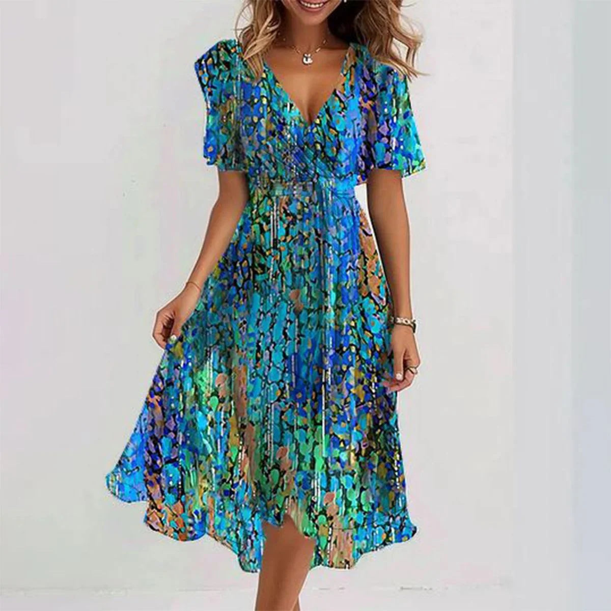 Vestido de Chiffon Estampado de Manga Curta com Decote em V Elegante Feminino - Verão