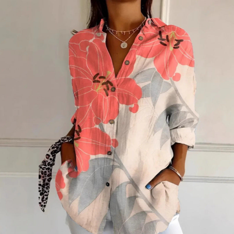Camisa de Manga Longa Estampada Floral com Botões Feminina