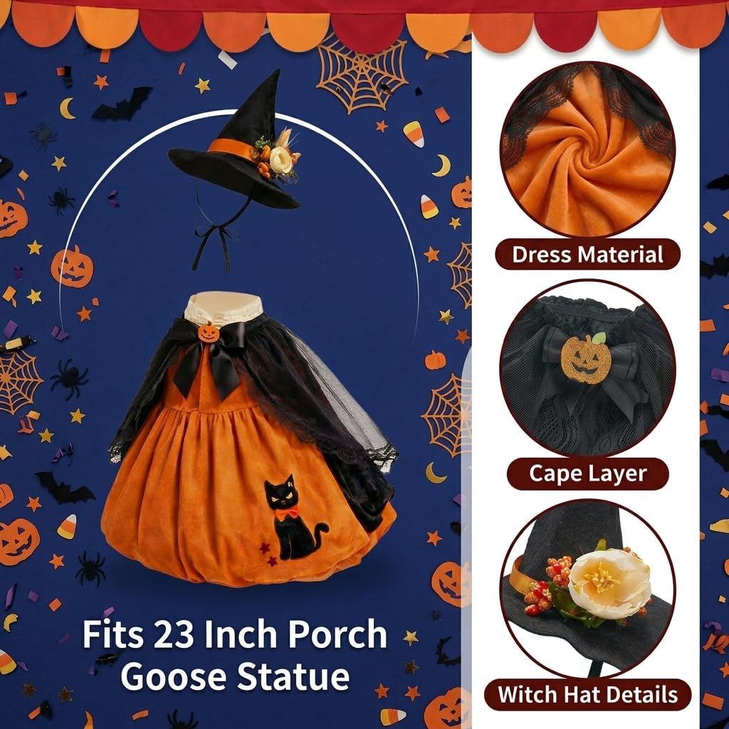 Fantasia de Halloween para Ganso de Jardim - Vestido de Abóbora com Gato Preto e Chapéu de Bruxa