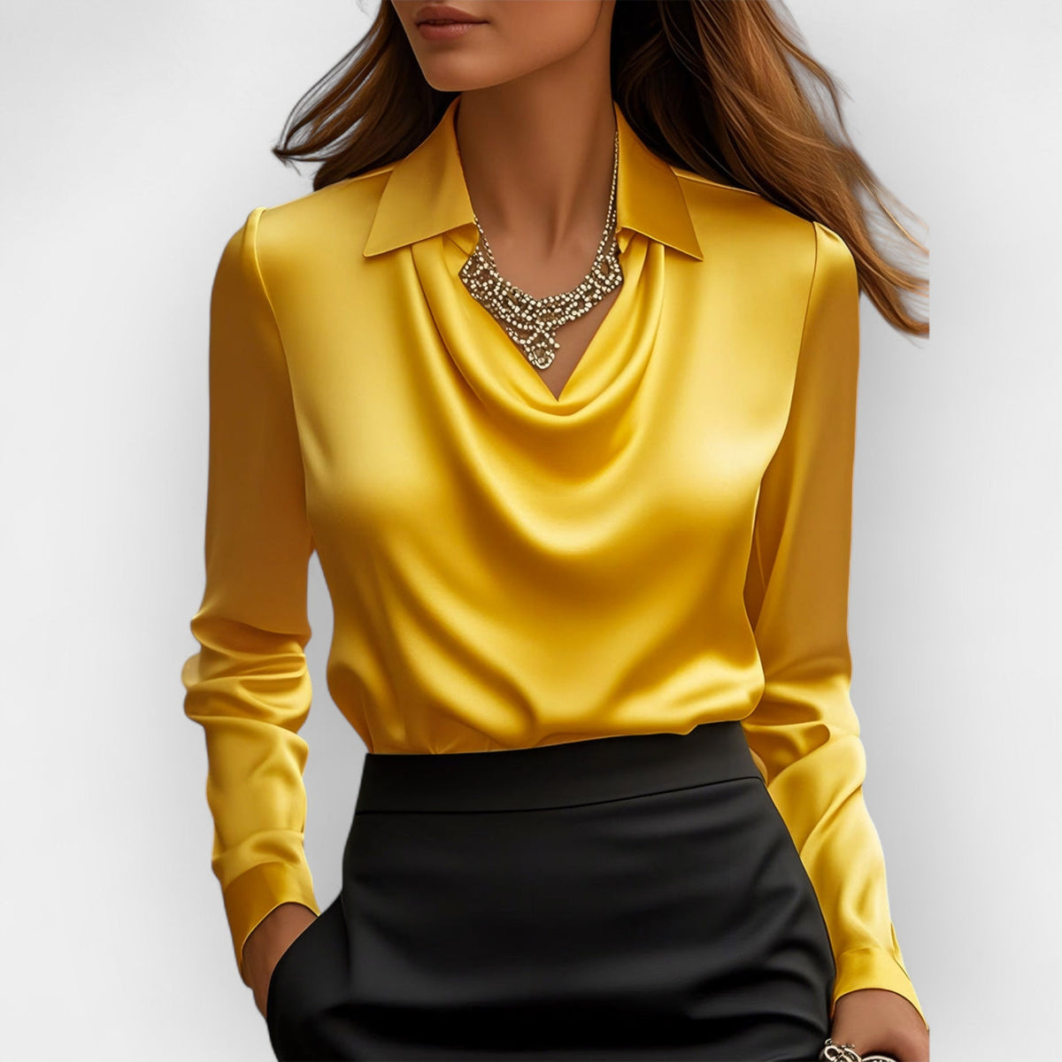 Blusa Elegante de Cetim com Gola Drapeada para Escritório Feminina