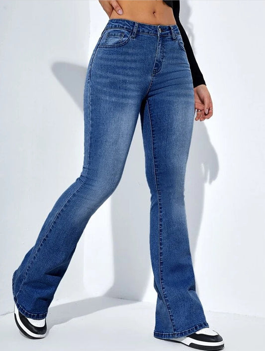 Calça Jeans Slim Flare de Cintura Alta Casual Elástica Feminina