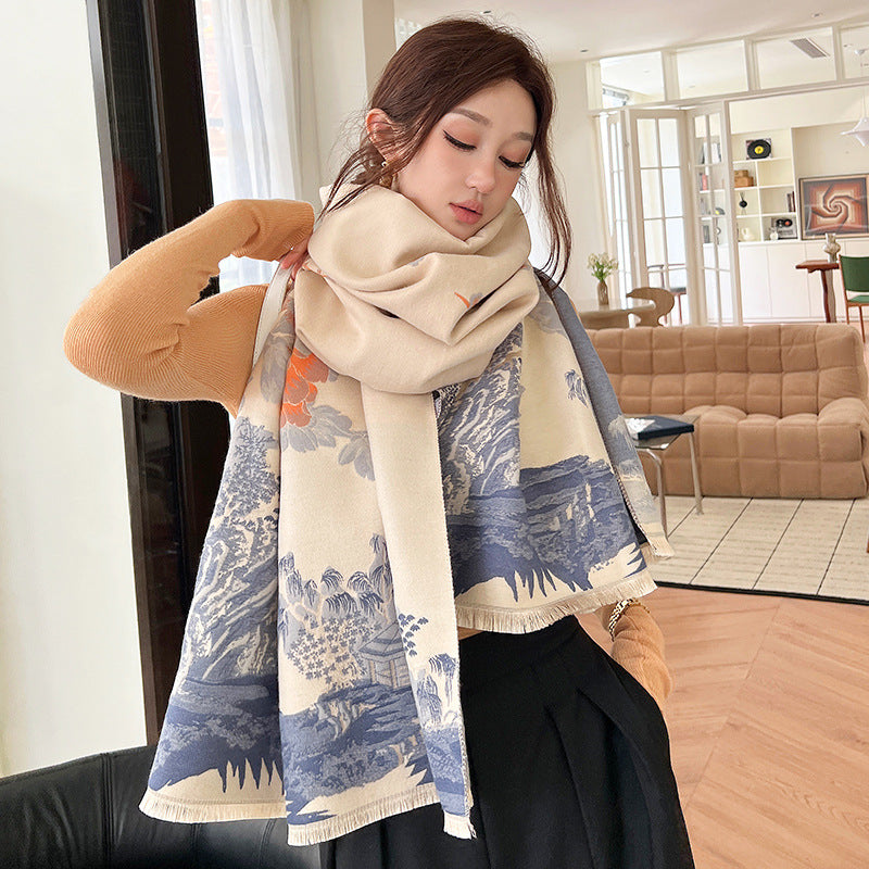Xale Estilo Cashmere Dupla Face Grosso com Estampa de Ameixeira