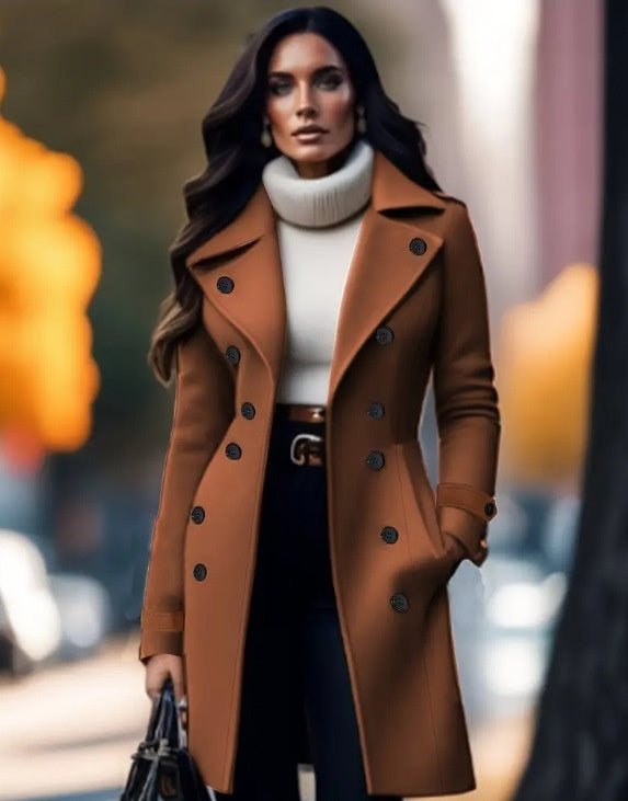 Casaco de Lã Elegante Trespassado Liso Feminino - Estilo Europeu e Americano