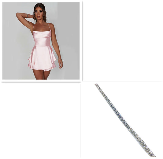 Vestido Curto Elegante de Alças em Cetim com Costas Abertas e Amarração Feminino