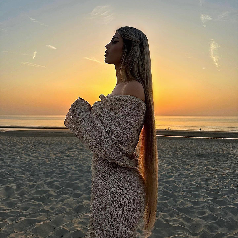 Vestido Longo de Tricô Ombro Único de Manga Longa Feminino - Praia e Férias