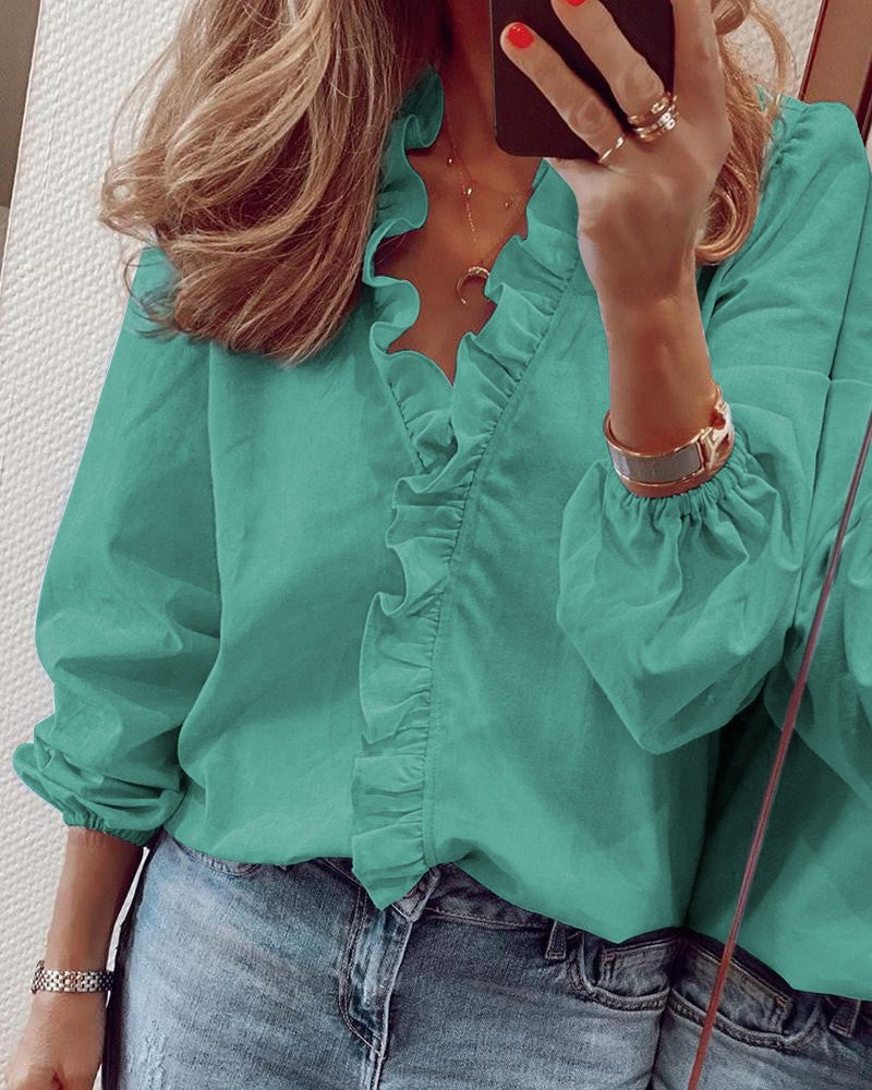 Blusa de Manga Longa com Babados Casual Feminina - Primavera e Verão