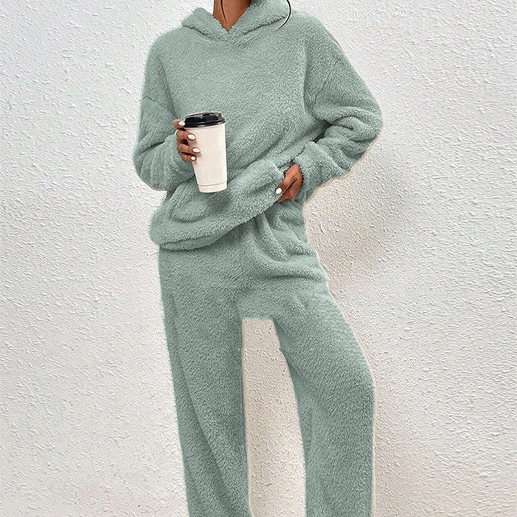 Conjunto Casual com Capuz de Fleece, Manga Longa e Calça com Bolsos