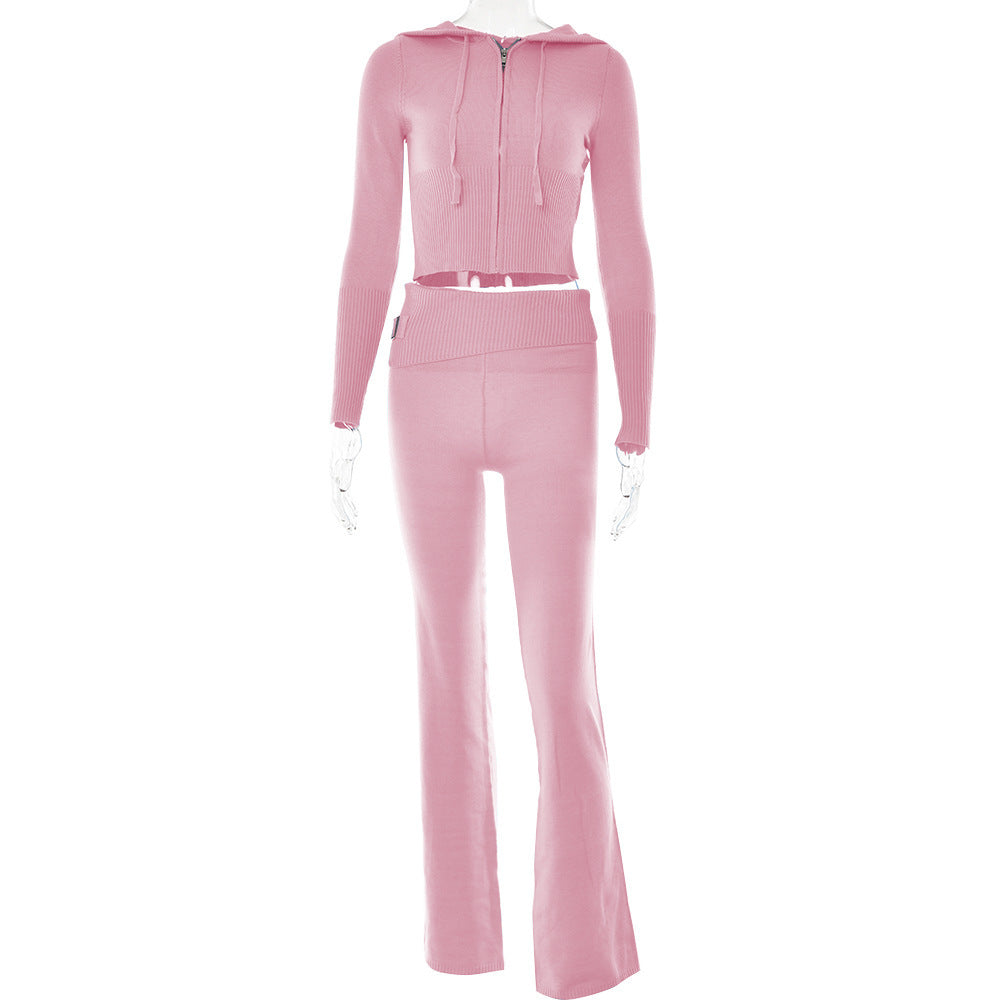 Conjunto de Moletom com Zíper de Manga Longa e Calça Longa de Cintura Alta Feminino