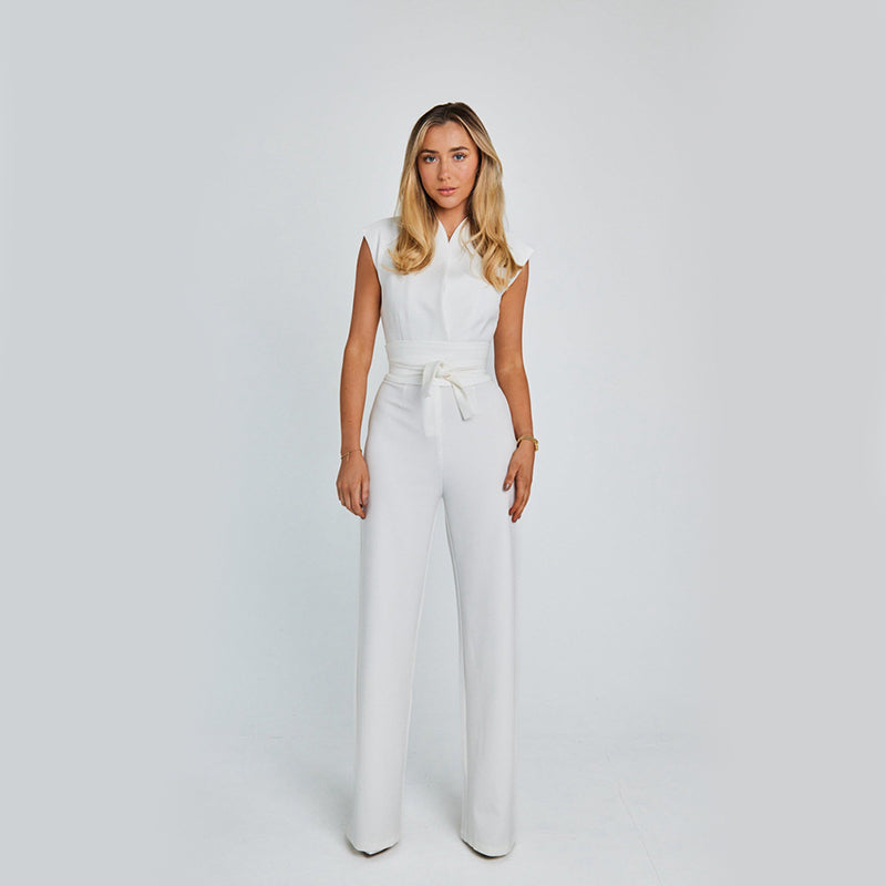 Macacão Longo Elegante Sem Mangas com Decote em V e Pantalona - Verão