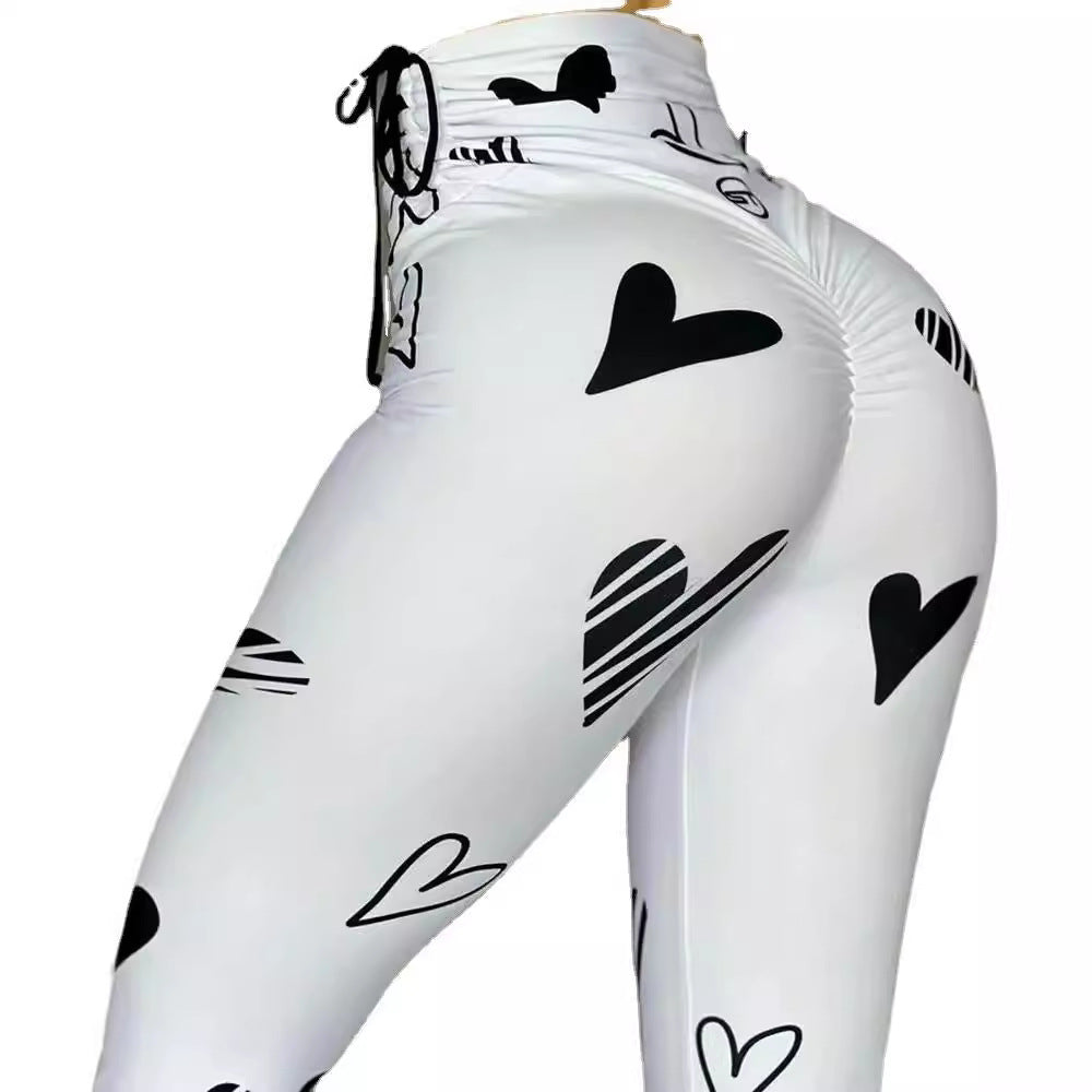 Legging Esportiva com Cordão e Estampa de Coração para Yoga e Fitness