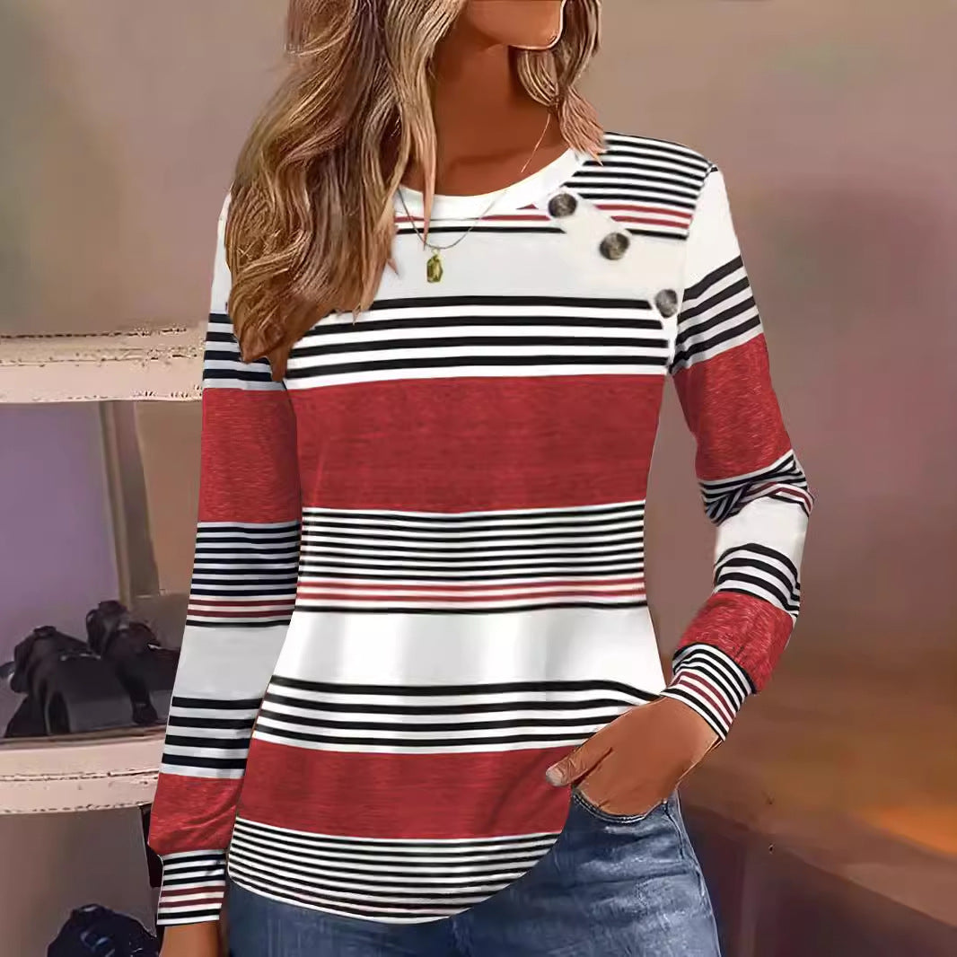 Camiseta Casual de Manga Longa Listrada com Botões Feminina