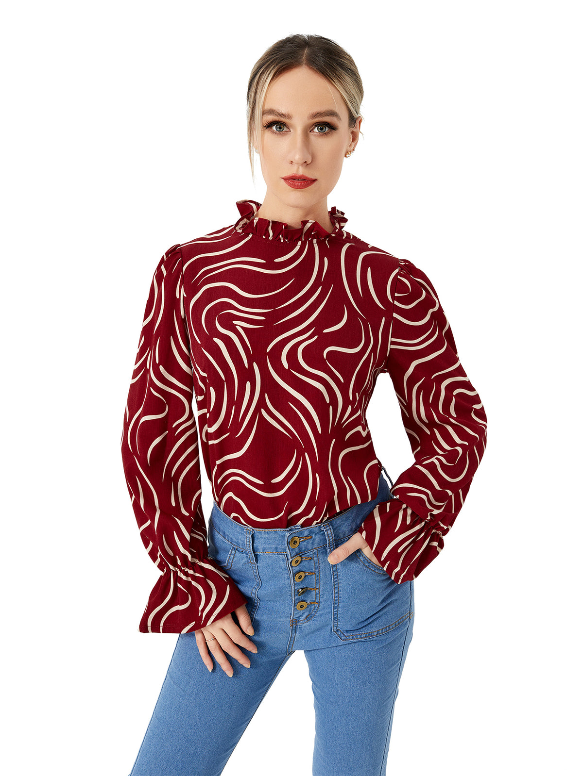 Camisa de Manga Bufante Estampada Feminina
