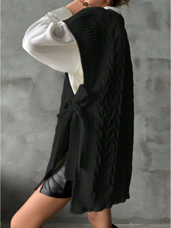 Colete de Tricô Casual com Decote em V e Laço Liso Feminino