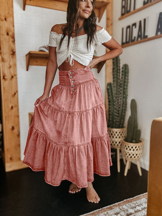 Saia Jeans Boho Evasê em Camadas