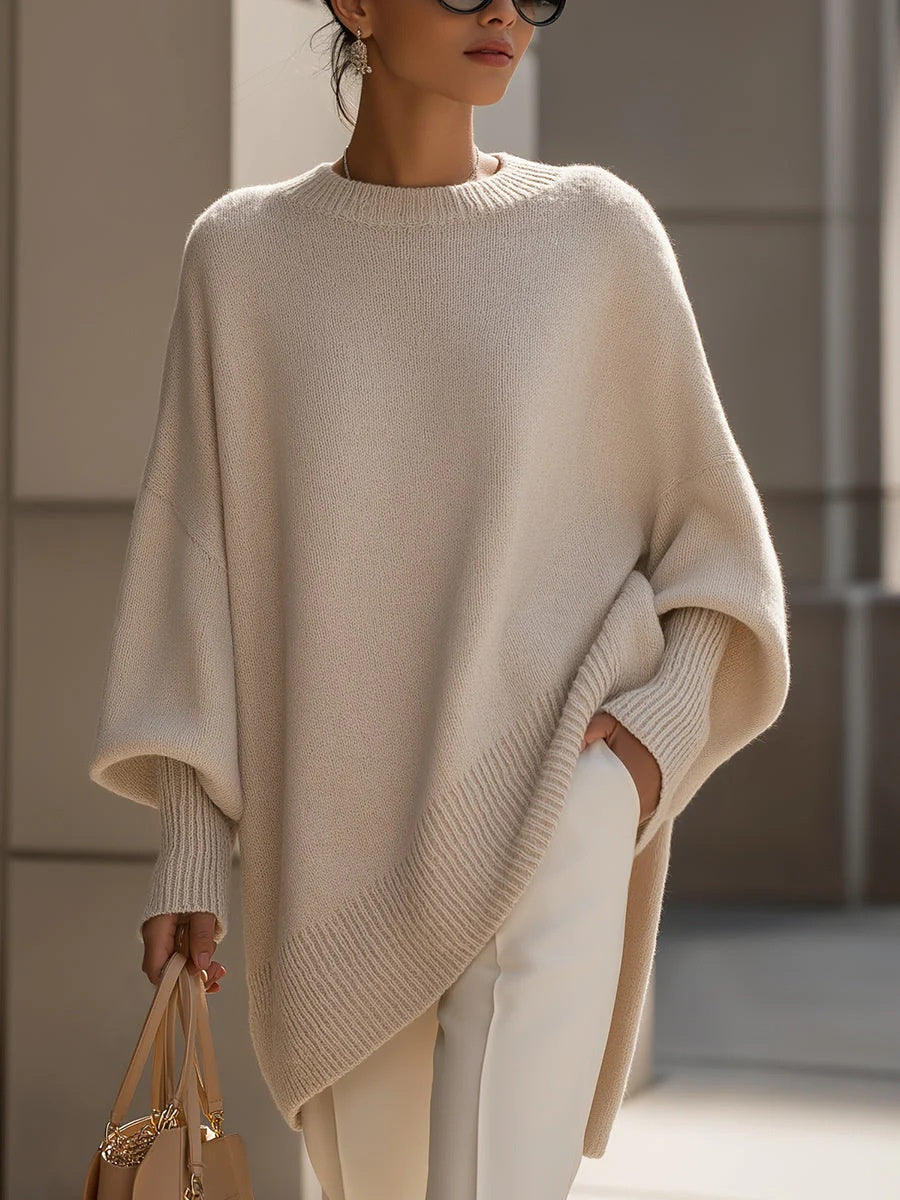 Suéter de Tricô Grosso Solto com Gola Redonda Casual Feminino - Outono e Inverno