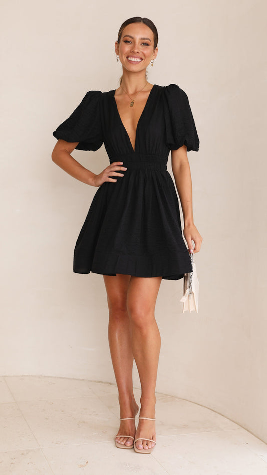 Vestido de Manga Lanterna com Decote em V e Marcação de Cintura Feminino