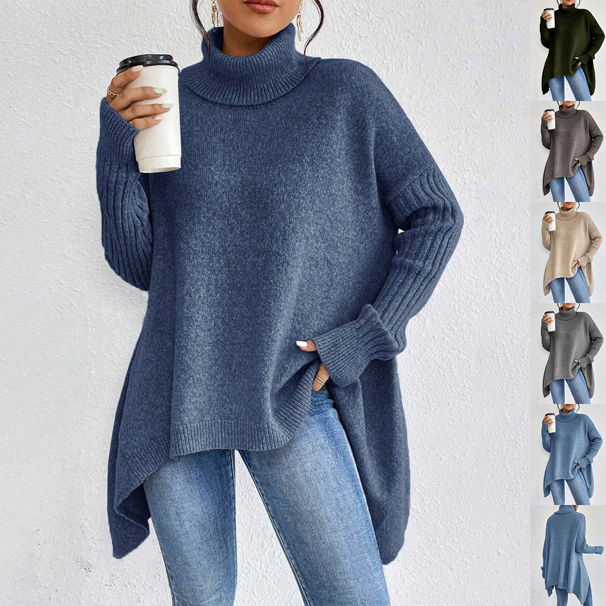 Blusa de Tricô Solta de Gola Alta Irregular e Manga Longa - Inverno