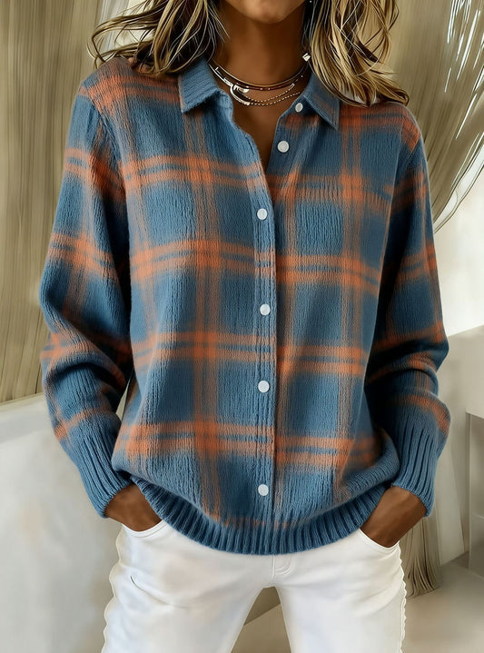 Suéter Estampado com Lapela e Botões Casual Feminino