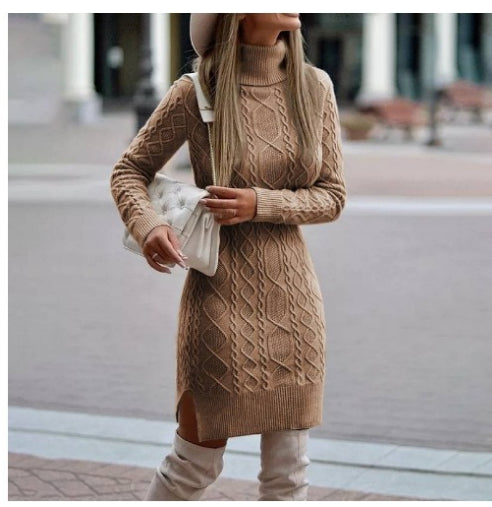 Vestido Longo de Tricô com Gola Alta e Fenda Quentinho Liso - Inverno