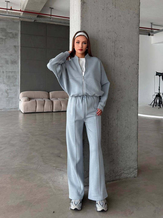 Conjunto Esportivo com Jaqueta de Zíper e Calça Pantalona de Duas Peças Feminino