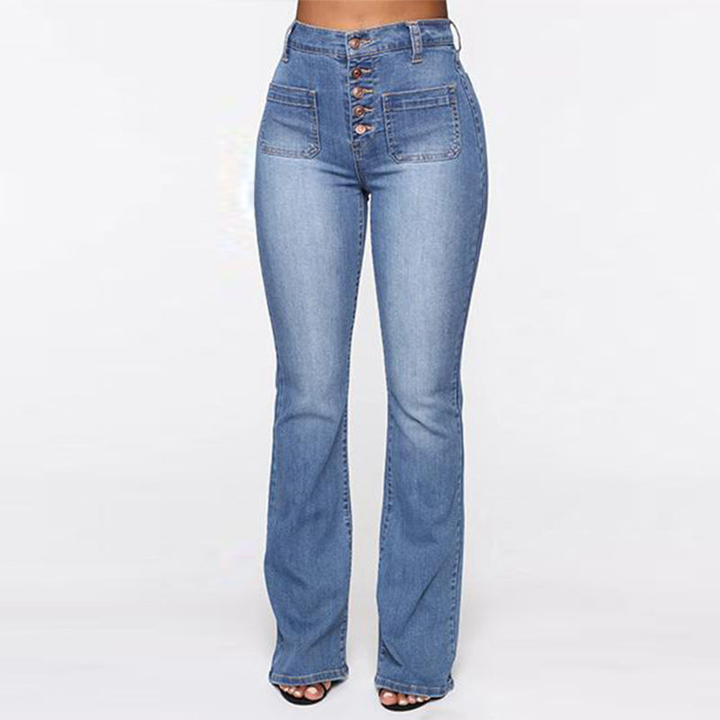 Calça Jeans Plus Size com Bolso Aplicado Lavada de Cintura Alta Feminina