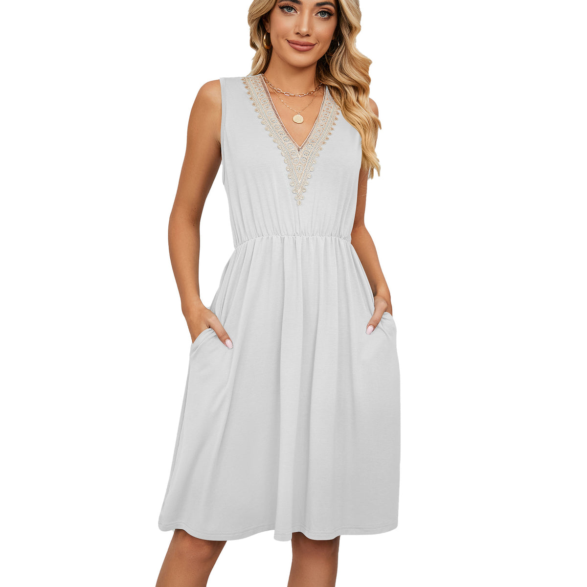 Vestido Sem Mangas com Painel de Renda, Decote em V e Bolsos Feminino