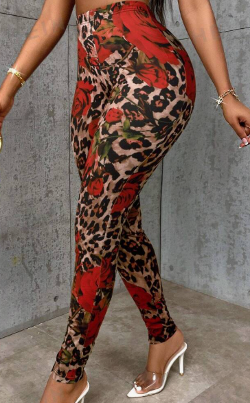 Legging Casual Slim Elástica Colorblock com Estampa Aleatória