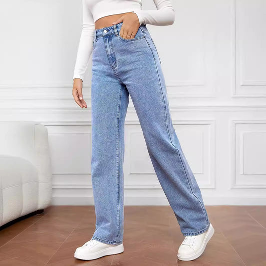 Calça Jeans Reta Lavada de Cintura Média Feminina