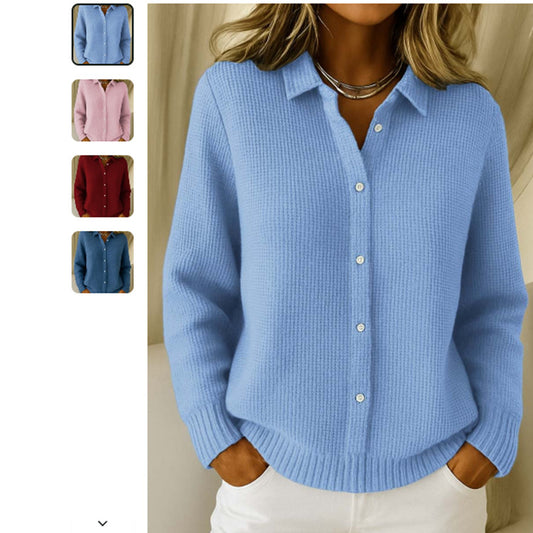 Suéter de Tricô Casual com Botões e Lapela Feminino - Inverno