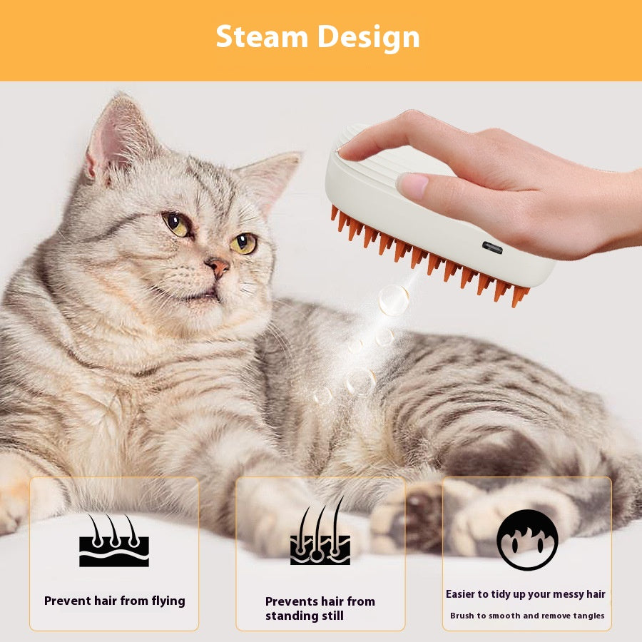 Escova a Vapor Recarregável USB com Spray e Massagem para Gatos e Cães
