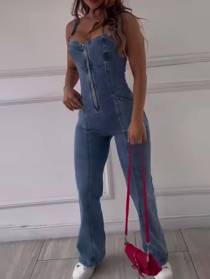 Macacão Jeans Sem Mangas com Painéis e Zíper