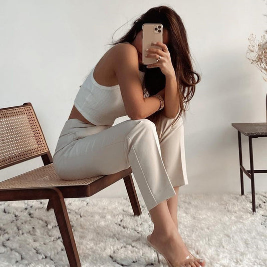Calça Básica Plissada de Cintura Alta Lisa Slim Casual