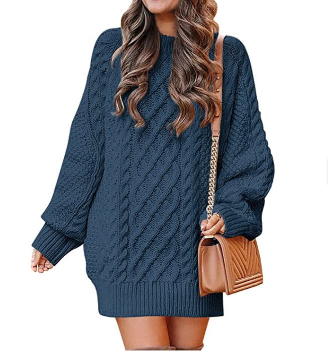 Vestido Suéter Médio de Tricô Torcido com Gola Redonda Feminino