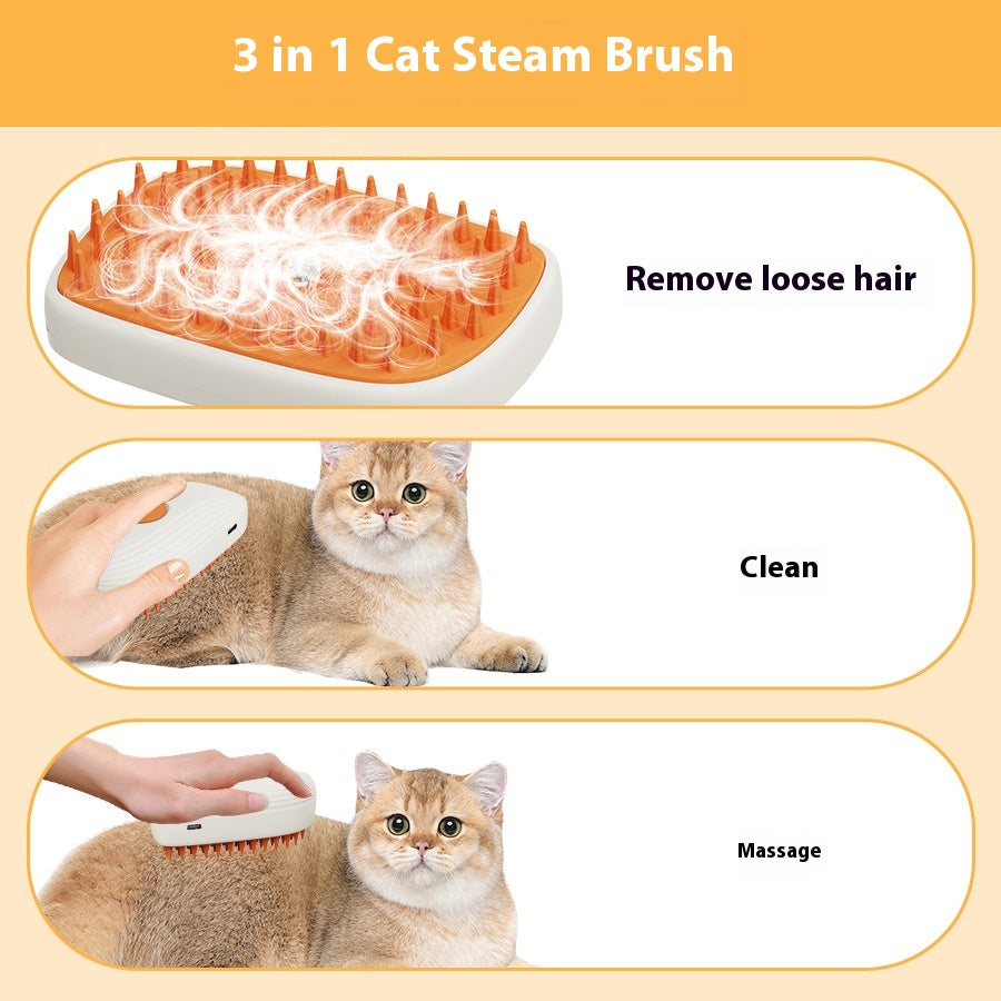 Escova a Vapor Recarregável USB com Spray e Massagem para Gatos e Cães