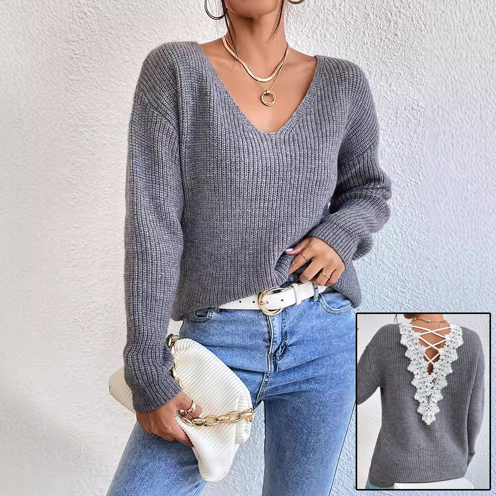Suéter de Cashmere com Decote em V e Costas Abertas Estilo Y2K Feminino - Inverno