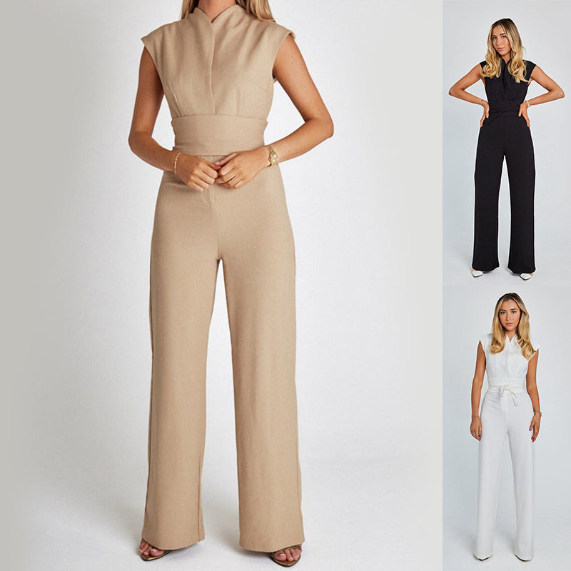 Macacão Longo Elegante Sem Mangas com Decote em V e Pantalona - Verão