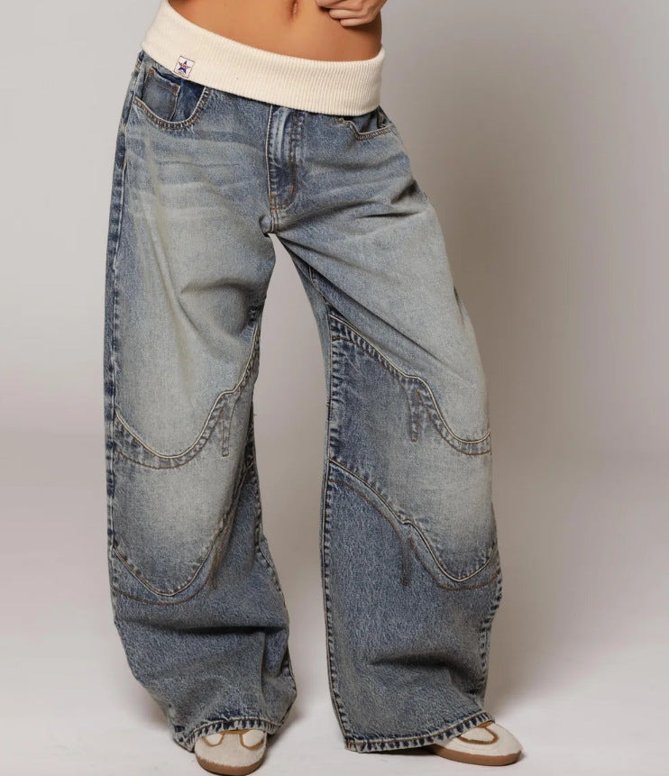 Calça Jeans Reta Solta com Bolsos Casual Estilo Street Feminina