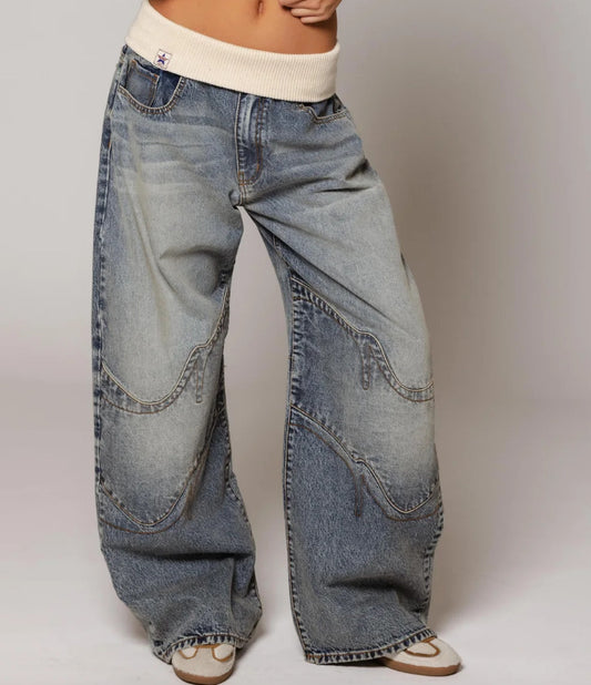Calça Jeans Reta Solta com Bolsos Casual Estilo Street Feminina