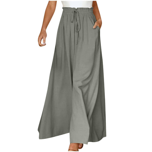 Calça Pantalona de Cintura Alta com Elástico e Comprimento Longo Feminina