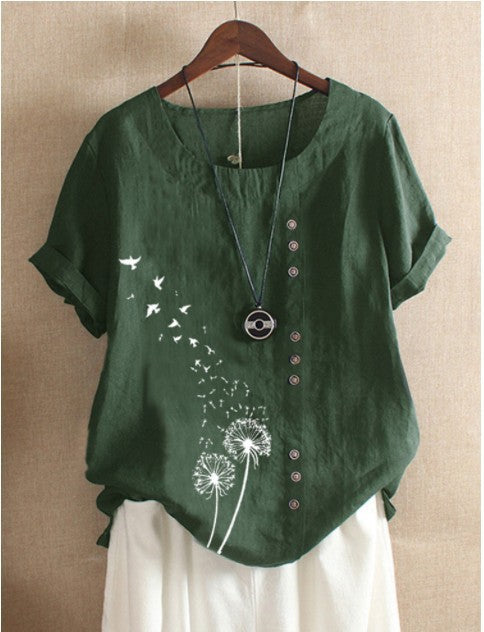 Camiseta Retrô Plus Size de Algodão e Linho Solta de Manga Curta
