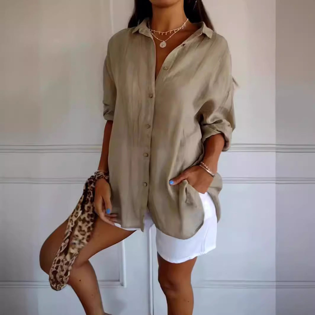 Camisa de Manga Longa com Lapela e Pregas Abotoada Feminina