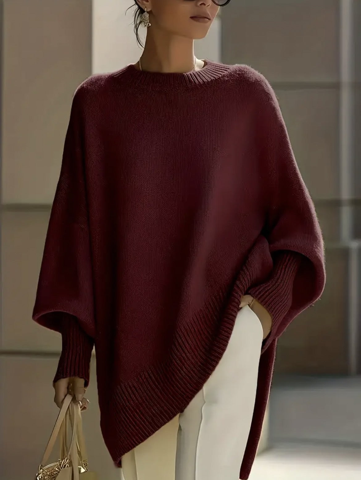 Suéter de Tricô Grosso Solto com Gola Redonda Casual Feminino - Outono e Inverno