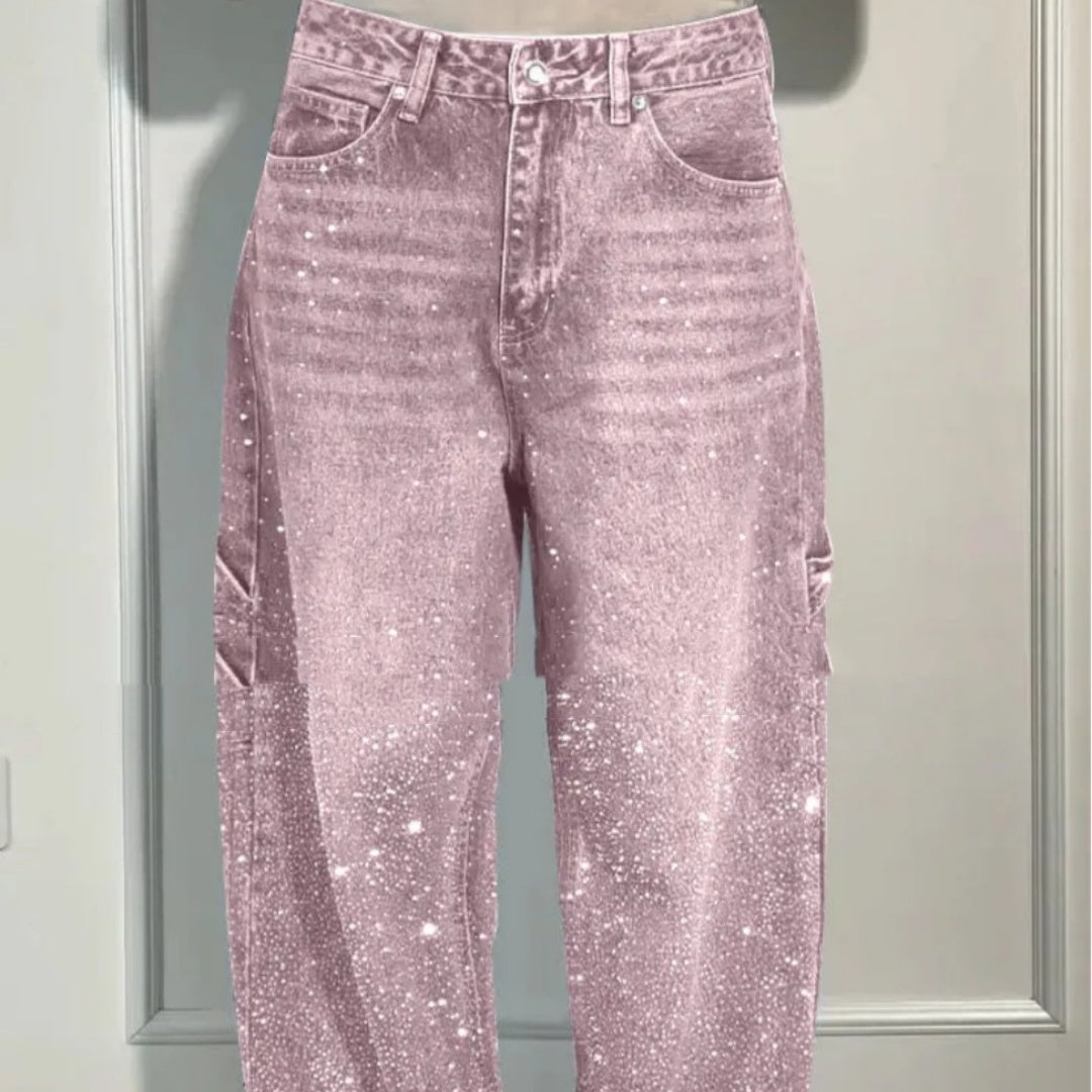 Calça Jeans Reta Brilhante com Bolsos Pantalona Solta Estilo Street Feminina