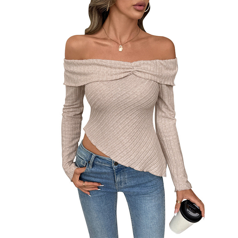 Blusa de Tricô de Manga Longa com Ombros de Fora e Barra Irregular Lisa Feminina