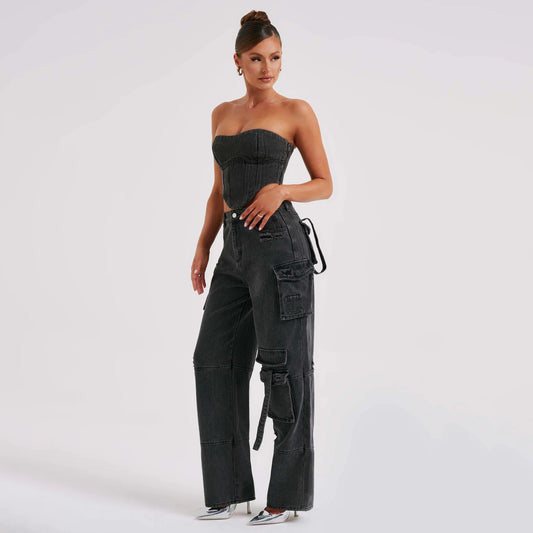 Calça Jeans de Cintura Baixa com Detalhe Tridimensional e Bolsos Feminina