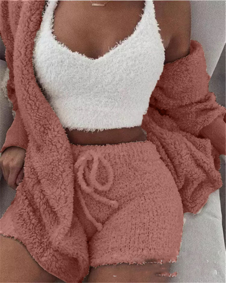 Conjunto de Roupa de Casa de Pelúcia 3 Peças Feminino